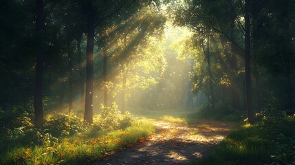 Obraz premium A sunlit forest crossroads reveals three diverging paths under bright dappled light, creating a serene and ethereal atmosphere in a misty morning scene.