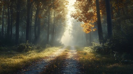 Obraz premium A sunlit forest crossroads reveals three diverging paths under bright dappled light, creating a serene and ethereal atmosphere in a misty morning scene.