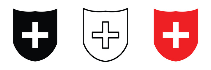 Health protection shield icon with medical cross and safety symbol outline in vector healthcare security design emblem for public preventive care insurance guard and wellness vector in eps 10.