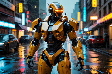 Naklejka premium Yellow Robot in a Rainy City.