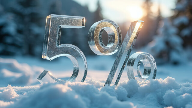 The crystal clear 5 percent symbol, gracefully set in a pristine snow-covered landscape during the serene winter season, symbolizes small percentage changes or interests, perhaps in a financial contex