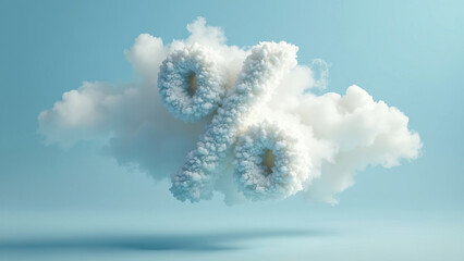 Naklejka premium A fluffy white cloud in the shape of a percentage symbol, floating alone in a clear blue sky, representing abstract concepts like percentages, discounts, and creativity.