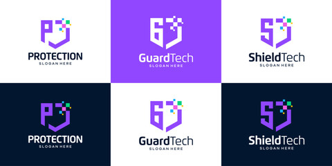 Set of Abstract shield logo design vector. Colorful data digital technology security with initial letter design icon