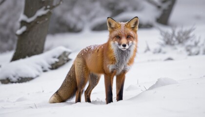 Obraz premium fox standing in the winter forest on the snow