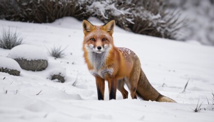 fox standing in the winter forest on the snow