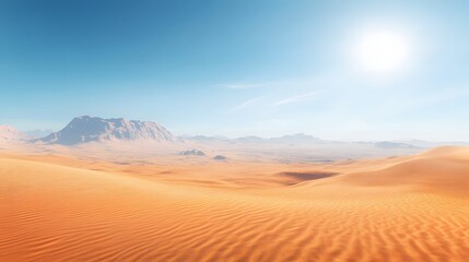 Fototapeta na wymiar A vast desert landscape features golden sand dunes under a clear sky and bright sunlight, with crisp shadows and a distant mountain range highlighted in vivid detail.