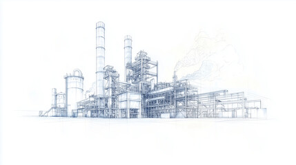 Obraz premium A line drawing of a metallurgical plant, highlighting its industrial components and layout, presented on a white background for clarity. photo