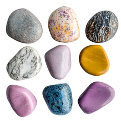 Collection of colorful polished stones with unique textures for design and decorative purposes, Cutout, Isolated on White Background