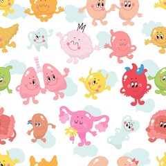 Cartoon organs seamless pattern. Funny medical background with lungs, bladder bone brain. Doctor uniform fabric print nowaday vector design
