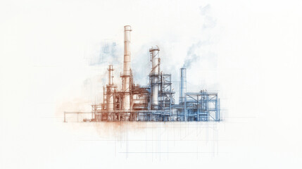 Obraz premium An artistic sketch of a metallurgical plant, showing intricate details of industrial equipment and processes, with a plain white background for emphasis. photo