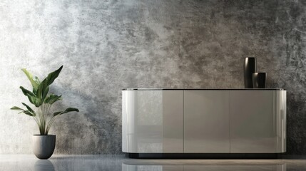 A contemporary storage cabinet with clean lines and a high gloss finish, set against a textured wall.