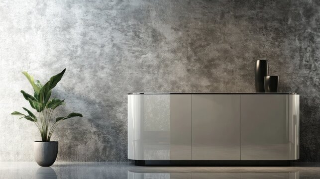A contemporary storage cabinet with clean lines and a high gloss finish, set against a textured wall.