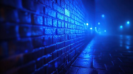A blue-lit brick wall creates a dramatic, shadowy alleyway.
