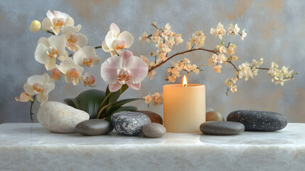 A candle is lit on a table with a vase of flowers and rocks