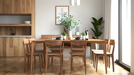 Modern Dining Room with Wooden Table and Chairs, Minimalist Interior Design, Natural Greenery Decoration, Bright and Cozy Home Setting, HD Contemporary Home Decor Scene