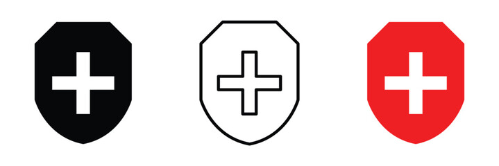 Health protection shield icon with medical cross and safety symbol outline in vector healthcare security design emblem for public preventive care insurance guard and wellness vector in eps 10.