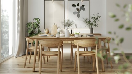 Modern Dining Room with Wooden Table and Chairs, Minimalist Interior Design, Natural Greenery Decoration, Bright and Cozy Home Setting, HD Contemporary Home Decor Scene