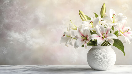 A white vase with white flowers in it sits on a marble countertop