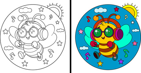  Cute Bee. Bee wearing headphones. Coloring page. Vector illustration.