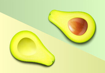 Fresh fruit avocado isolated on green color background. Half a fresh pitted avocado and cut in half avocado with pit. Green avocado for healthy eating. Realistic 3d vector illustration.