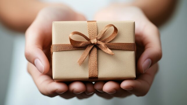 A beautifully wrapped gift in hands, perfect for special occasions and celebrations, symbolizing love and appreciation.