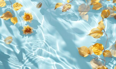 Water background. Blue aqua texture, surface of ripples, transparent, flower, shadows and yellow leaves. Spa and cosmetic concept background. Flat lay, top view, copy space, banner