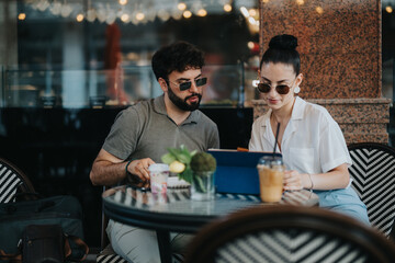 Two business partners in a modern coffee shop discussing a new project, analyzing statistics, and planning strategies over coffee