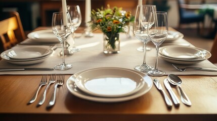 Fototapeta premium A neatly set table with arranged silverware in a modern dining room overhead shot soft light