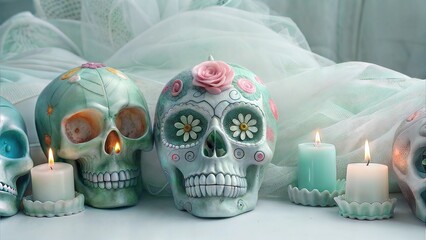 Illustration of Dia de los Muertos celebration with colorful skulls and candles.Colorful skulls with candles to celebrate the Day of the Dead