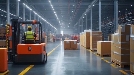 Large warehouse with forklift amid boxes and packages