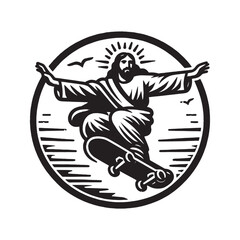 Jesus on a skateboard. abstract vector black hand drawn illustration. Tattoo, print, sketch