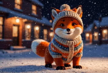 Red cartoon fox in a knitted hat and jacket on a winter snowy street
