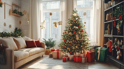 A cozy living room with a fully adorned Christmas tree, surrounded by presents and festive decorations