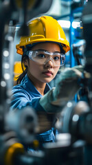 Female engineer inspects machinery in factory setting.