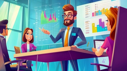 Business meeting in a modern office with colorful charts and graphs. Professionals discussing strategy and analytics.