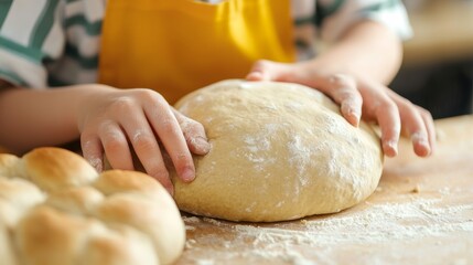 Obraz premium A child kneading fresh dough on a wooden table, showcasing the joyful experience of baking at home.