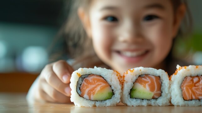 A joyful child enjoying delicious sushi rolls with vibrant colors, highlighting the fun of culinary exploration and food enjoyment.