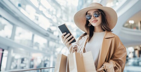 Stylish Women Shopping Online with Smartphone in Mall Environment