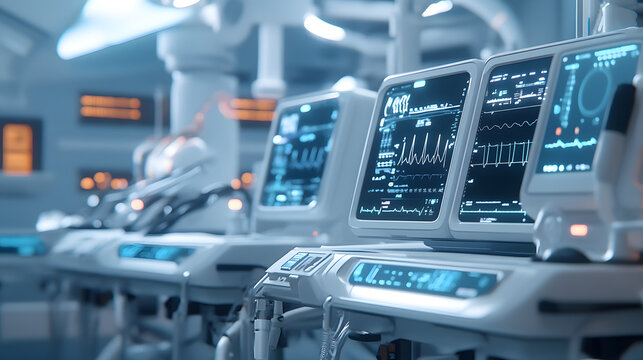 Medical monitoring equipment in modern hospital environment.