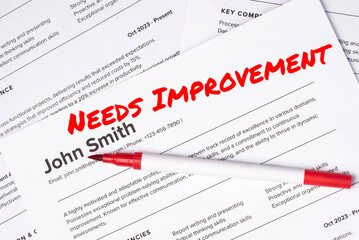 Fake mock CV (curriculum vitae) for John Smith, rejected by HR as not the right candidate. Concept of job search, hiring mismatch, recruitment process, and rejection. Needs Improvement