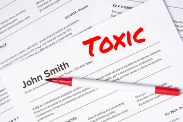 Fake mock CV (curriculum vitae) for John Smith, rejected by HR as not the right candidate. Concept of job search, hiring mismatch, recruitment process, and rejection. Toxic Candidate