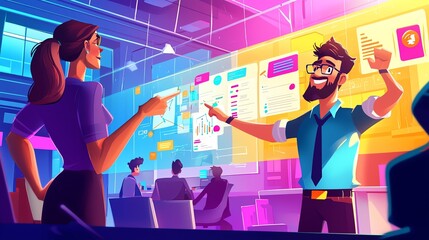 Team collaboration and brainstorming session in modern office with digital screens, featuring diverse professionals engaged in a meeting.