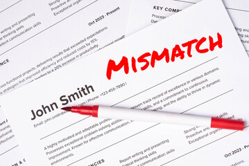 Fake mock CV (curriculum vitae) for John Smith, rejected by HR as not the right candidate. Concept of job search, hiring mismatch, recruitment process, and rejection.