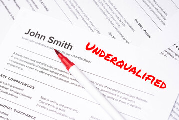 Fake mock CV (curriculum vitae) for John Smith, rejected by HR as not the right candidate. Concept of job search, hiring mismatch, recruitment process, and rejection. Underqualified
