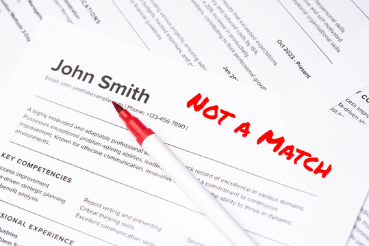 Fake mock CV (curriculum vitae) for John Smith, rejected by HR as not the right candidate. Concept of job search, hiring mismatch, recruitment process, and rejection.  Not a match