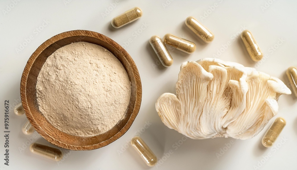 Wall mural flat lay of lion s mane mushroom alongside dietary supplements generative ai focus on natural health