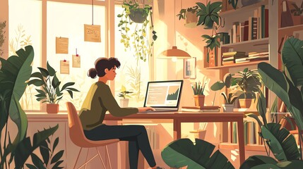 Woman working on a laptop in a cozy, plant-filled home office with sunlight streaming in through the windows.