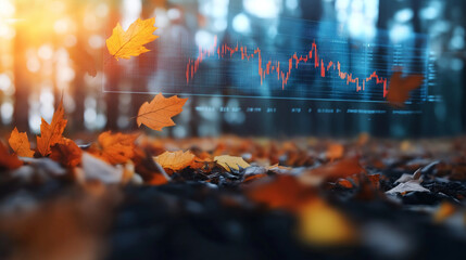 A fluctuating stock market graph is intertwined with vibrant autumn leaves, symbolizing the volatile nature of financial markets as the leaves fall gracefully.