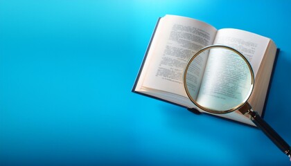 an open book accompanied by a magnifying glass on a blue background symbolizing research discovery and learning