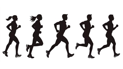 Silhouettes clipart of athlete woman and man running, vectors featuring workout sports, such as jogging, running, sprint, marathon, and physical exercise on white background